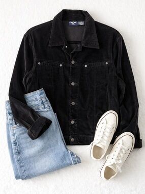 Cherokee Black Corduroy Jacket Size XL Stretch Cotton Trucker Style